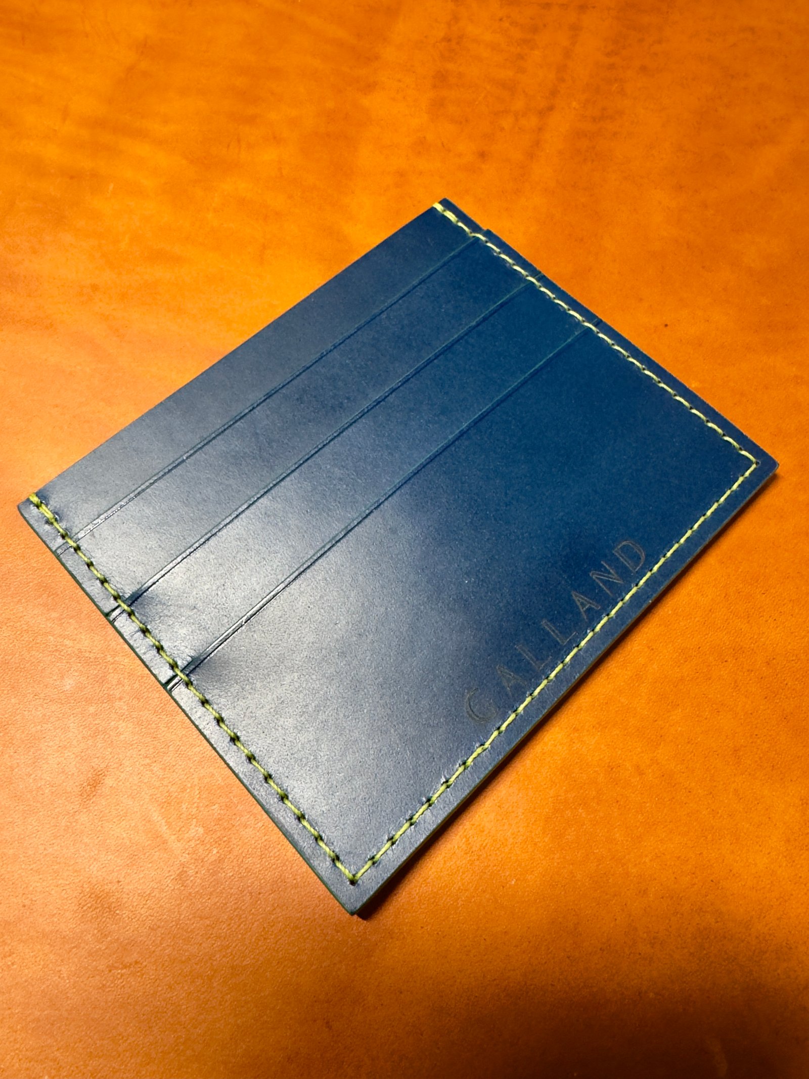 Marin Card Wallet - Navy with lime stitching and green edges